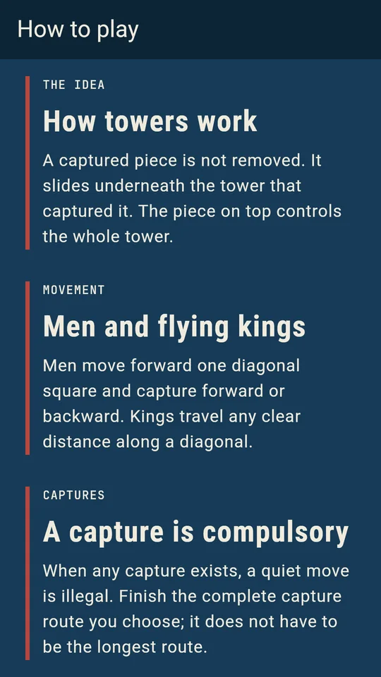 Bashni rules guide explaining how captured pieces form towers
